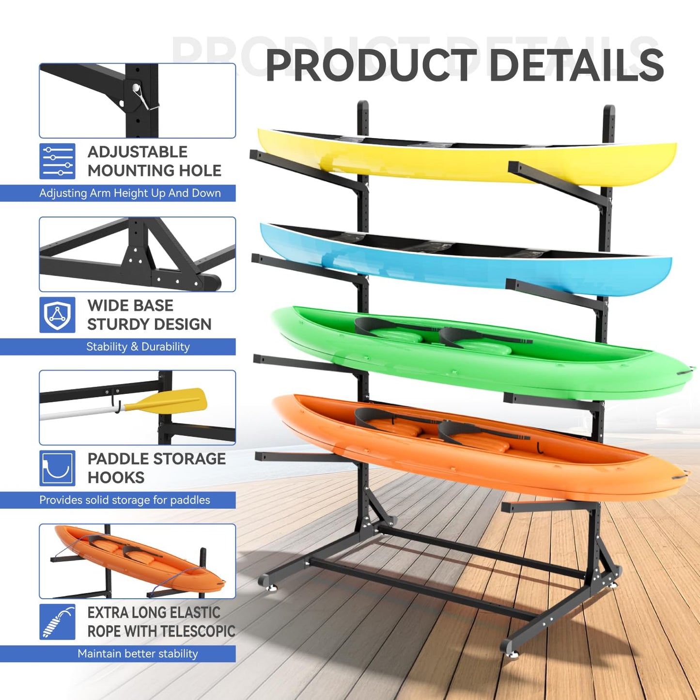 RDCMKL Freestanding Kayak Storage Rack, Heavy Duty Adjustable Stand for Kayaks, SUPs, Paddleboards, Canoes, Weatherproof, Indoor Outdoor, 400 LBS Capacity (4 Levels)