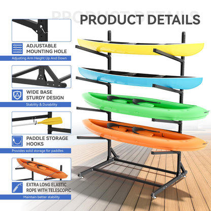 RDCMKL Freestanding Kayak Storage Rack, Heavy Duty Adjustable Stand for Kayaks, SUPs, Paddleboards, Canoes, Weatherproof, Indoor Outdoor, 400 LBS Capacity (4 Levels)
