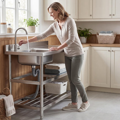 Free Standing Stainless-Steel Single Bowl Commercial Restaurant Kitchen Sink Set w/Faucet & Drainboard, Prep & Utility Washing Hand Basin w/Workbench & Double Storage Shelves Indoor Outdoor (47in)