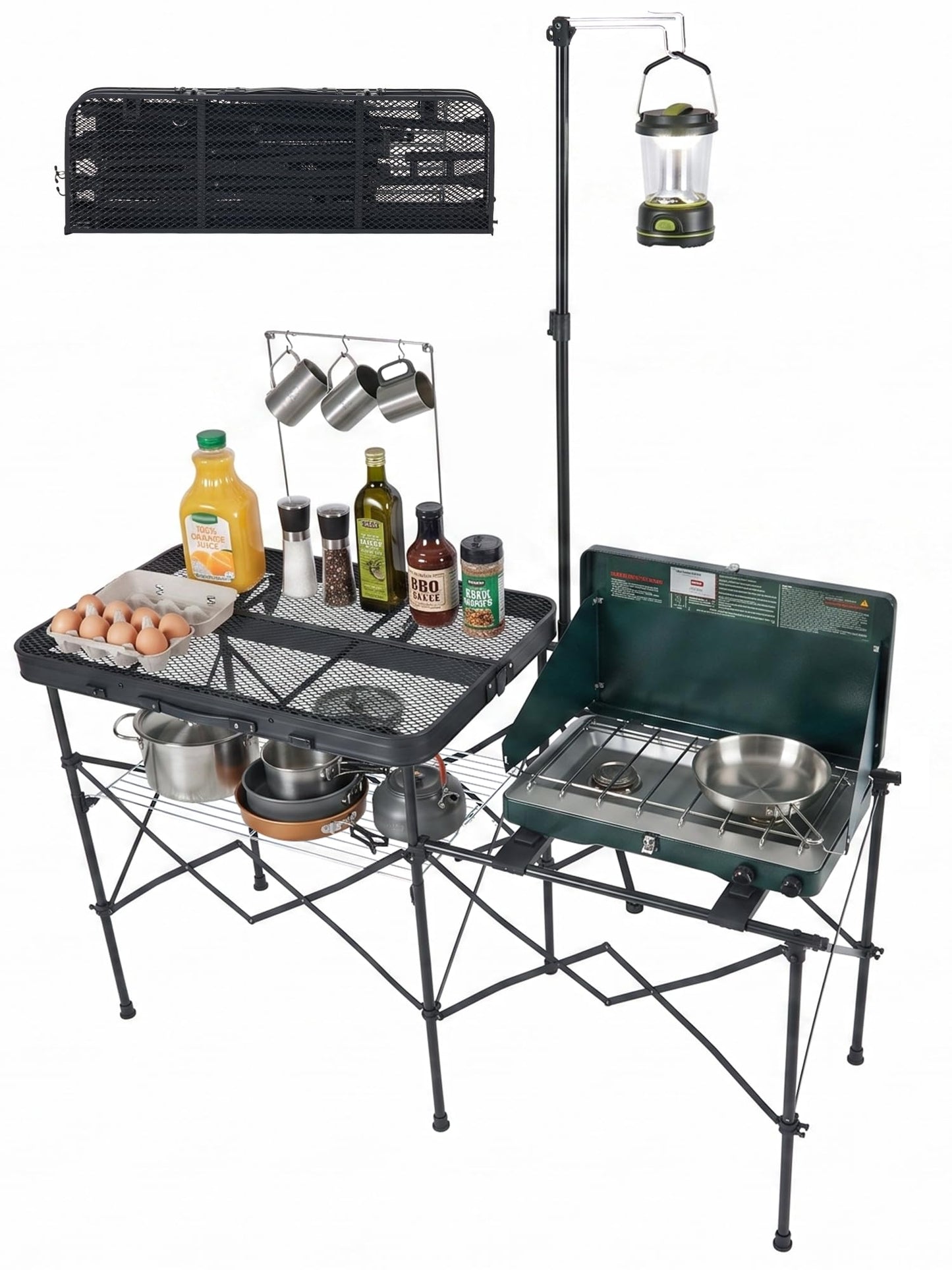 TIMBER RIDGE Portable Camping Kitchen Station, Folding Outdoor Cooking Grill Table with Heat-Resistant Steel Mesh Top & Storage Shelves, Heavy Duty Picnic RV Tailgating BBQ Easy Setup, 110lbs Capacity