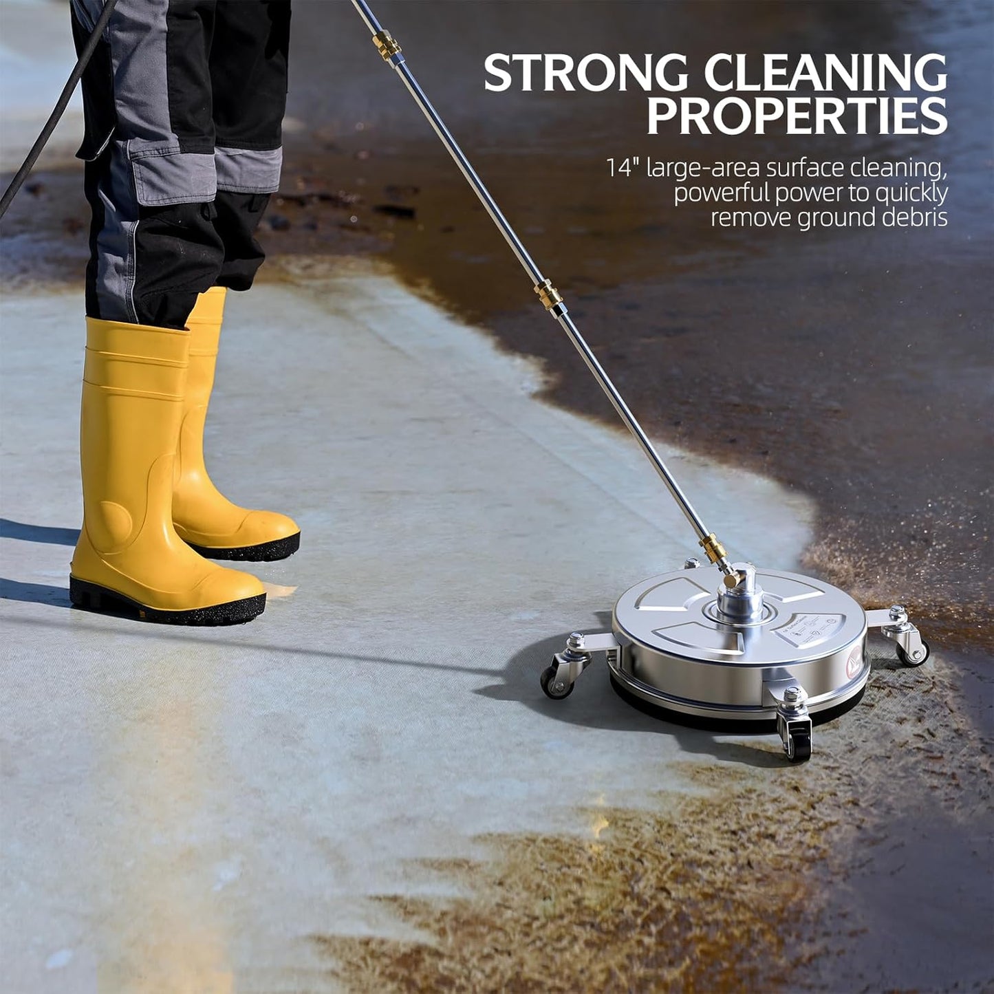 14" Pressure Washer Surface Cleaner - 4500 PSI, Durable 304 Stainless Steel, 4 Universal Wheels & 2 Extended Wands