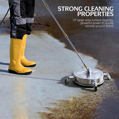 14" Pressure Washer Surface Cleaner - 4500 PSI, Durable 304 Stainless Steel, 4 Universal Wheels & 2 Extended Wands