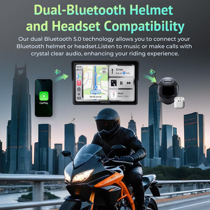 5 Inch Motorcycle CarPlay & Android Auto Display – IP67 Waterproof Touchscreen, Dual Bluetooth, TF Card, GPS Navigation, Voice Control, Universal Mount – APHQUA 522