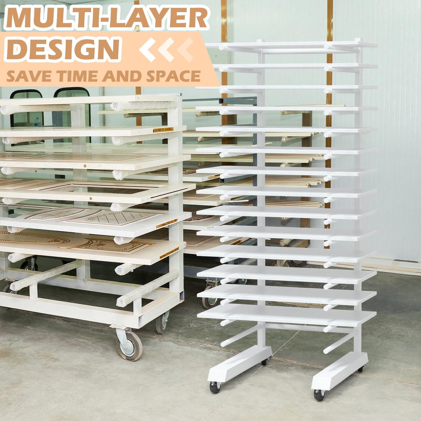 Colingmill 1 Pack 15 Tier Cabinet Doors Paint Drying Rack with Casters 16 in Rods 20 in Base White Powder Coated 15lbs/Shelf Iron Detachable Crossbars Space Saving for Painted Wood Panels Doors