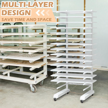 Colingmill 1 Pack 15 Tier Cabinet Doors Paint Drying Rack with Casters 16 in Rods 20 in Base White Powder Coated 15lbs/Shelf Iron Detachable Crossbars Space Saving for Painted Wood Panels Doors