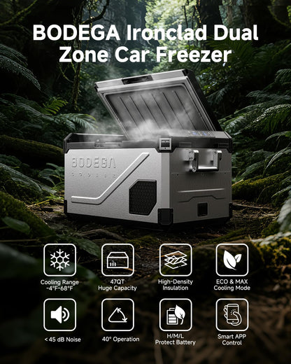 BODEGA Portable 12V Car Refrigerator, 47QT Stainless Steel Fridge with Removable Divider for Dual Zone MAX/ECO Modes & Battery Protection, Electric Cooler for RV, Truck, Camping