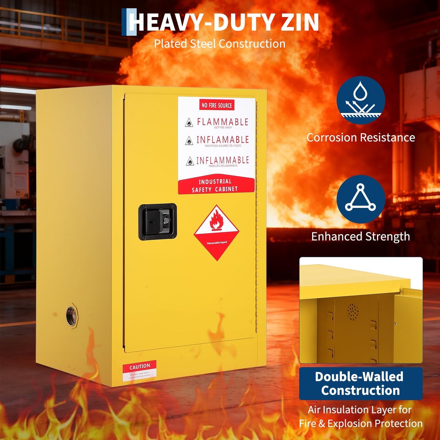Fire Resistant Flammable Storage Cabinet,Heavy Duty Hazardous Liquid Safety Cabinet with Adjustable Shelf, Cold-Rolled Steel Construction, Spill Containment Tray, Ventilation Holes & Grounding