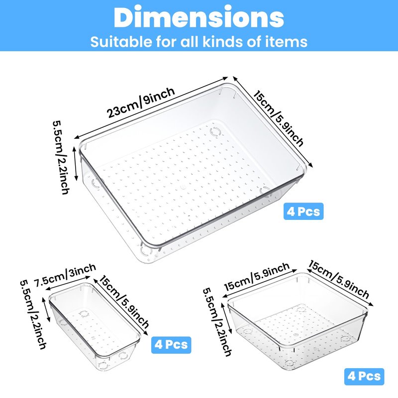12 Pack Drawer Organizer - 3 Sizes, Clear Plastic Kitchen Drawer Organizers Set, Versatile Bathroom and Vanity Organizer Trays,Storage Bins for Makeup, Bathroom, Jewelries and Office