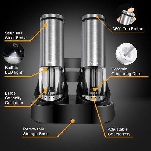 EIHO Electric Salt and Pepper Grinder Set - USB Rechargeable, Adjustable Coarseness, Stainless Steel Mills with LED Light