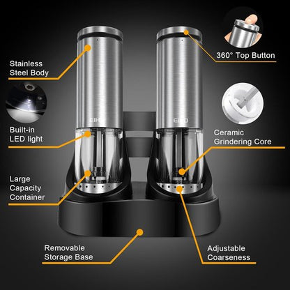 EIHO Electric Salt and Pepper Grinder Set - USB Rechargeable, Adjustable Coarseness, Stainless Steel Mills with LED Light