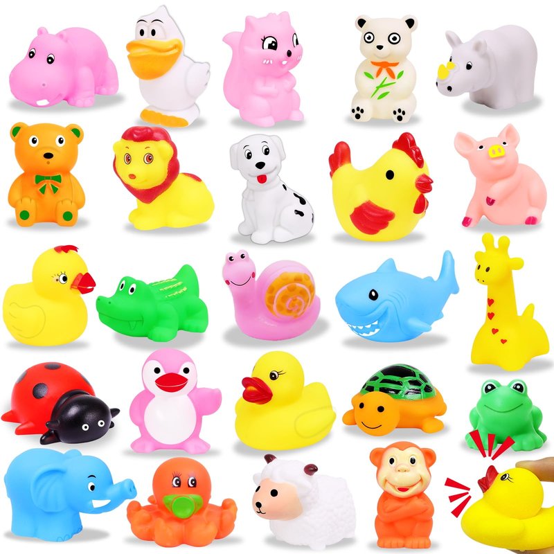 24 Pack Animal Squeeze Squeak Toys, Funny Rubber Ducks Bulk Set, Bath Toys Party Favors Classroom Prizes Stress Relief Sensory Toys for Toddlers Kids