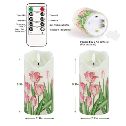 Flameless Candles Set of 2, 6"x3" Flickering Tulip LED Candles with Remote & Timer, Dimmable Real Wax Electric Pillar Candles Battery Operated, Birthday Gift Mother's Day Gift for Mom Women (Tulip)