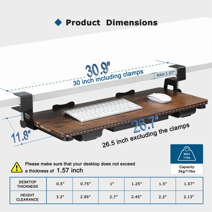 Keyboard Tray Under Desk with Drawer,26.77" X 11.81"Large Size Keyboard Tray with C Clamp-on Mount, Easy to Install, for Home Office (Mahogany)