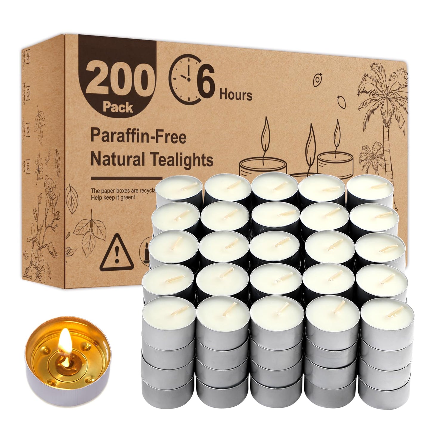 Unscented Tea Lights Candles 200 Pack,6 Hours Long Burning White Tea Candles Bulk,Non-Paraffin, Clean Burn, Smokeless, Palm Tealight Candles for Wedding,Centerpiece,Christmas Lights,Home Decor