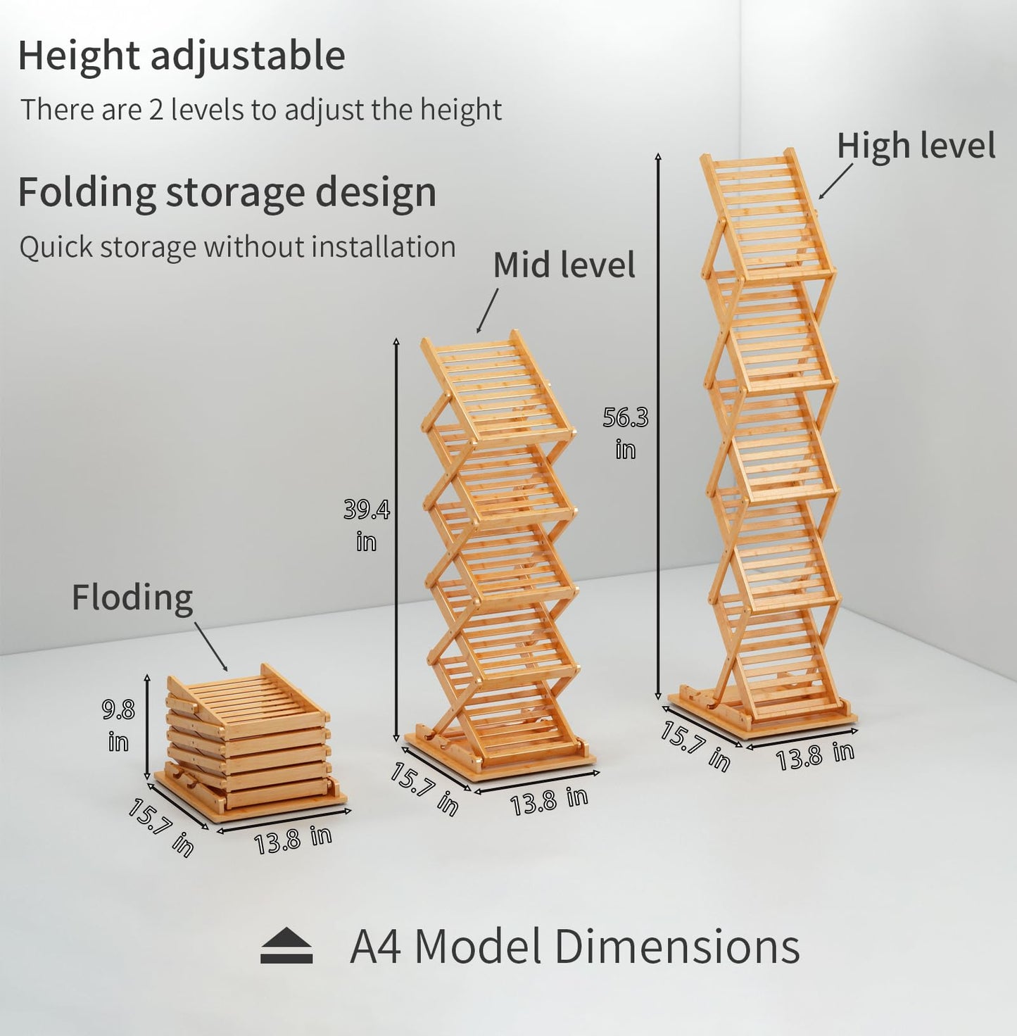 Foldable Bamboo Magazine Rack, Portable Pop-up Display Stand,Magazine Rack Floor 5 Pockets, A4 Size, for Trade Shows, Office, Retail Store