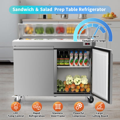 FreezLabs 48“ Commercial Refrigerator Sandwich&Salad Prep Table Fridge with 12 Pans 2 Door Stainless Steel Counter Fan Cooling Refrigerators