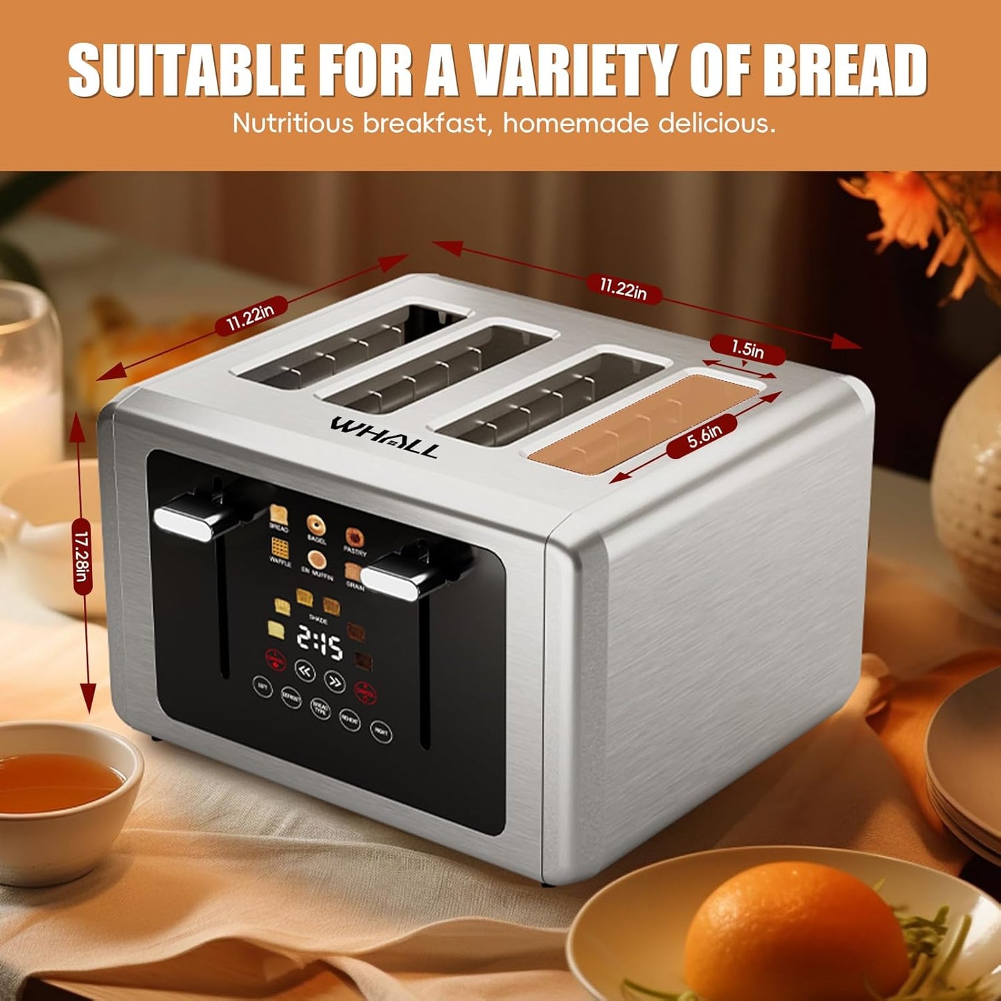 Whall 4-Slice Smart Toaster - Touchscreen Control, Extra-Wide Slots & 6 Browning Levels | Perfect Kitchen Gift