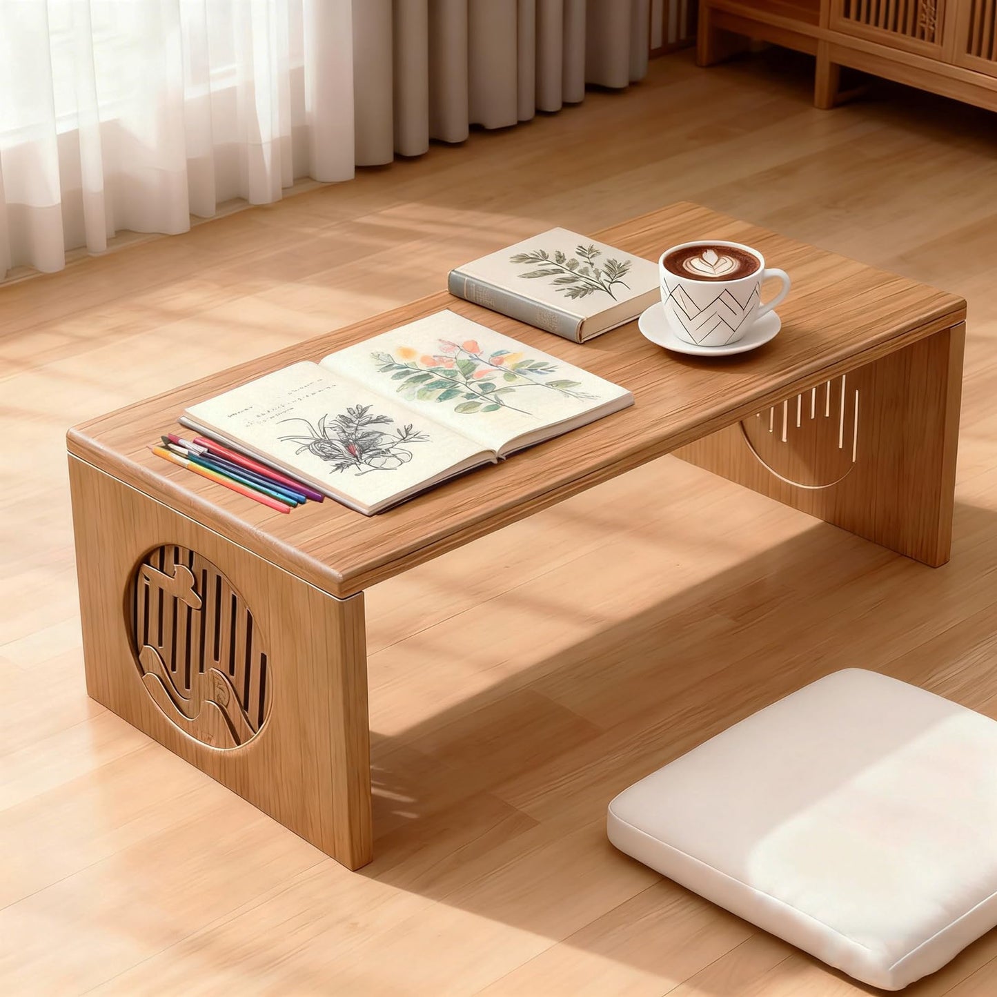 teyeard Japanese Folding Coffee Table, Foldable Low Coffee Tables, Bamboo Floor Table Desk for Sitting on The Floor, No Assembly, Portable Living Coffee Table (39.4 Inch)