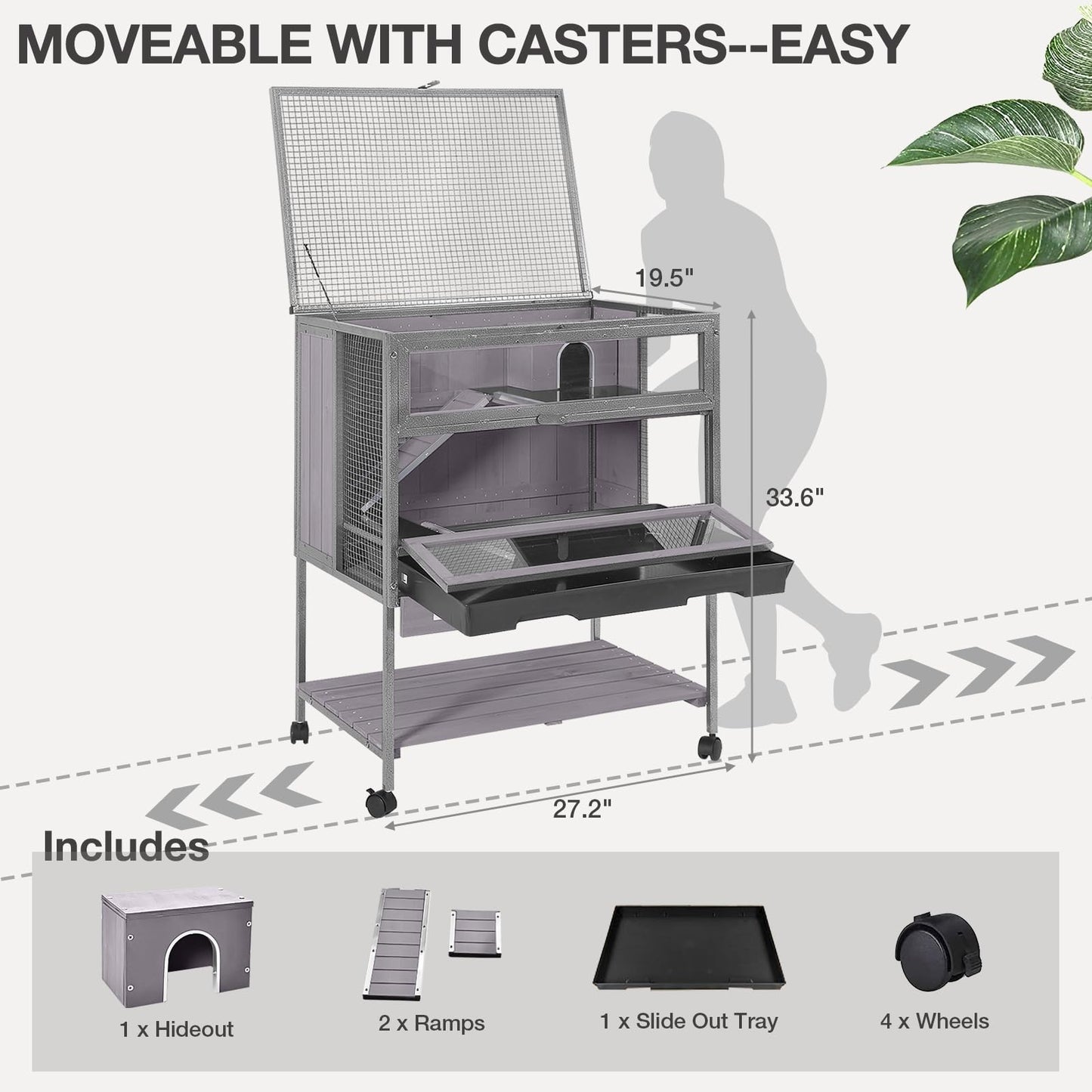 MEDEHOO Guinea Pig Cage, Moveable Metal Frame Hamster Cage Anti-Chewing with Aluminium Alloy Edge, Hideouts, Ramps, Seesaws Chewing Toy, Deeper Pull-Out Leakproof Tray for Indoor Outdoor(Grey)