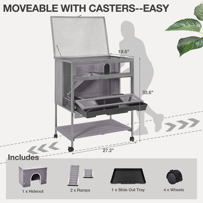 MEDEHOO Guinea Pig Cage, Moveable Metal Frame Hamster Cage Anti-Chewing with Aluminium Alloy Edge, Hideouts, Ramps, Seesaws Chewing Toy, Deeper Pull-Out Leakproof Tray for Indoor Outdoor(Grey)