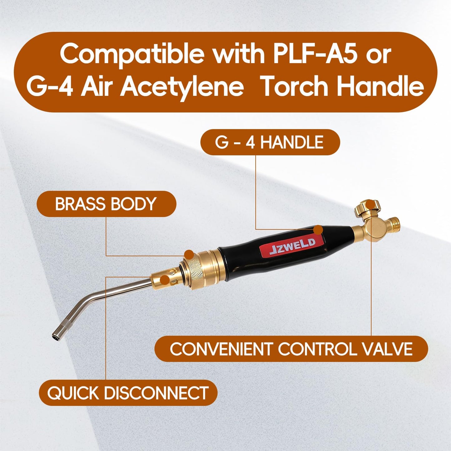 JZWELD A3 A5 A8 Air Acetylene Torch Tip Kit, 3/16" 1/4" 5/16" Tip Size for PLF-A5/G-4 Handles, Air Acetylene Tip with Flint Striker, Light/Medium Duty Air Acetylene Swirl Quick Connector Flame Tip