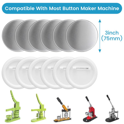 100 Sets Button Maker Supplies, 75mm/3 inch Button Supplies, with Plastic Pin Back Cover, Metal Cover, Transparent Film and Blank Paper, Suitable for Button Making Machine and Pin Maker Press