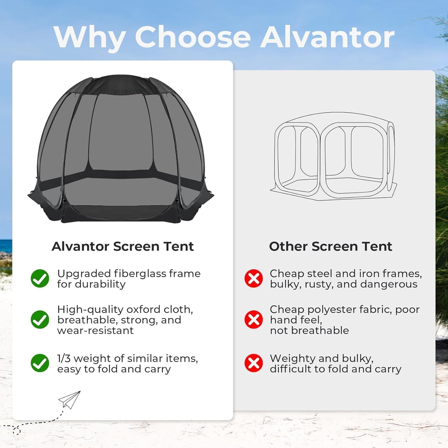 Alvantor® Pop Up House Tent, Outdoor Screen Room, Canopy Tent with UV Resistant, Easy Up Foldable Screen House for Camping Garden, Black, 10 x10 FT