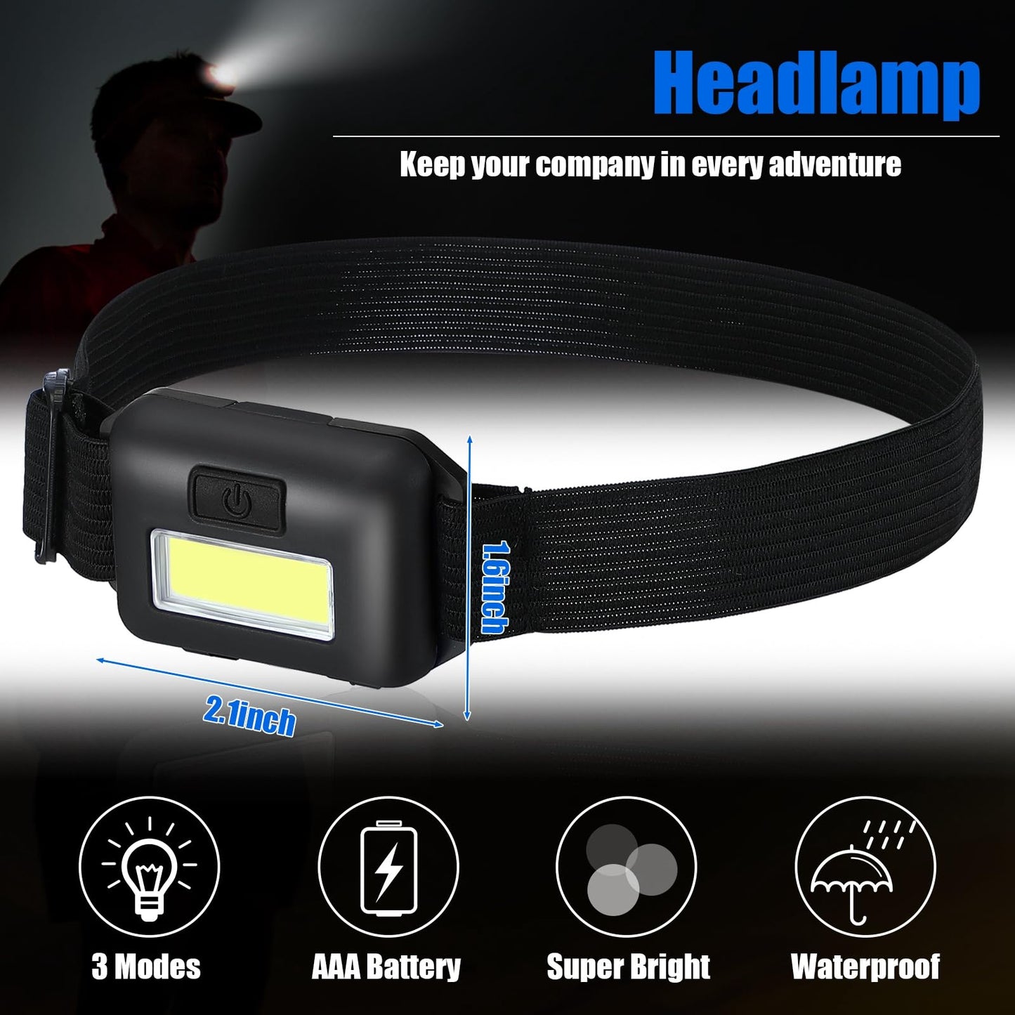 Glooglitter 96 Pcs LED Headlamp Flashlight for Adults and Kids 1.34oz Head Lamp 800 Lumens with 3 Modes 288 AAA Batteries Waterproof Work Headlamp Flashlights Bulk COB Headlight for Running Camping