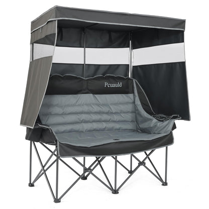 Pcuauld Double Camping Chair with Canopy Heavy Duty 2 Person Folding Loveseat Beach Chair with Shade High Back Oversized Outdoor Camping Couch with Cup Holders & Wine Racks for Lawn, Fishing, Sports