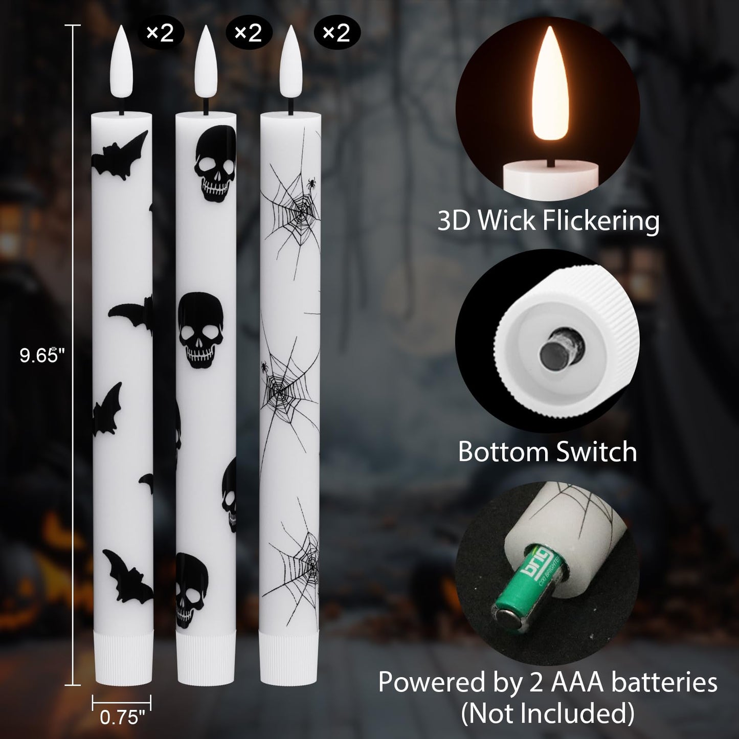 Wondise Halloween Flameless Taper Candles with Remote & Timer, Battery Operated with Spider Web, Bats, Skull, Real Wax 3D Wick LED Candles for Halloween Decorations
