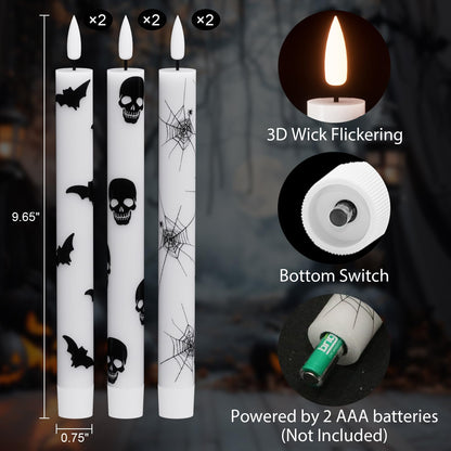 Wondise Halloween Flameless Taper Candles with Remote & Timer, Battery Operated with Spider Web, Bats, Skull, Real Wax 3D Wick LED Candles for Halloween Decorations