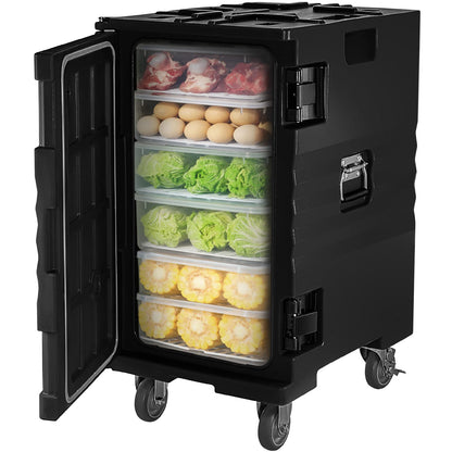 VEVOR Insulated Food Pan Carrier, 127 Qt Hot Box for Catering, LLDPE Food Box Carrier w/Double Buckles, Front Loading Food Warmer w/Handles, End Loader w/Wheels for Restaurant, Canteen, etc. Black