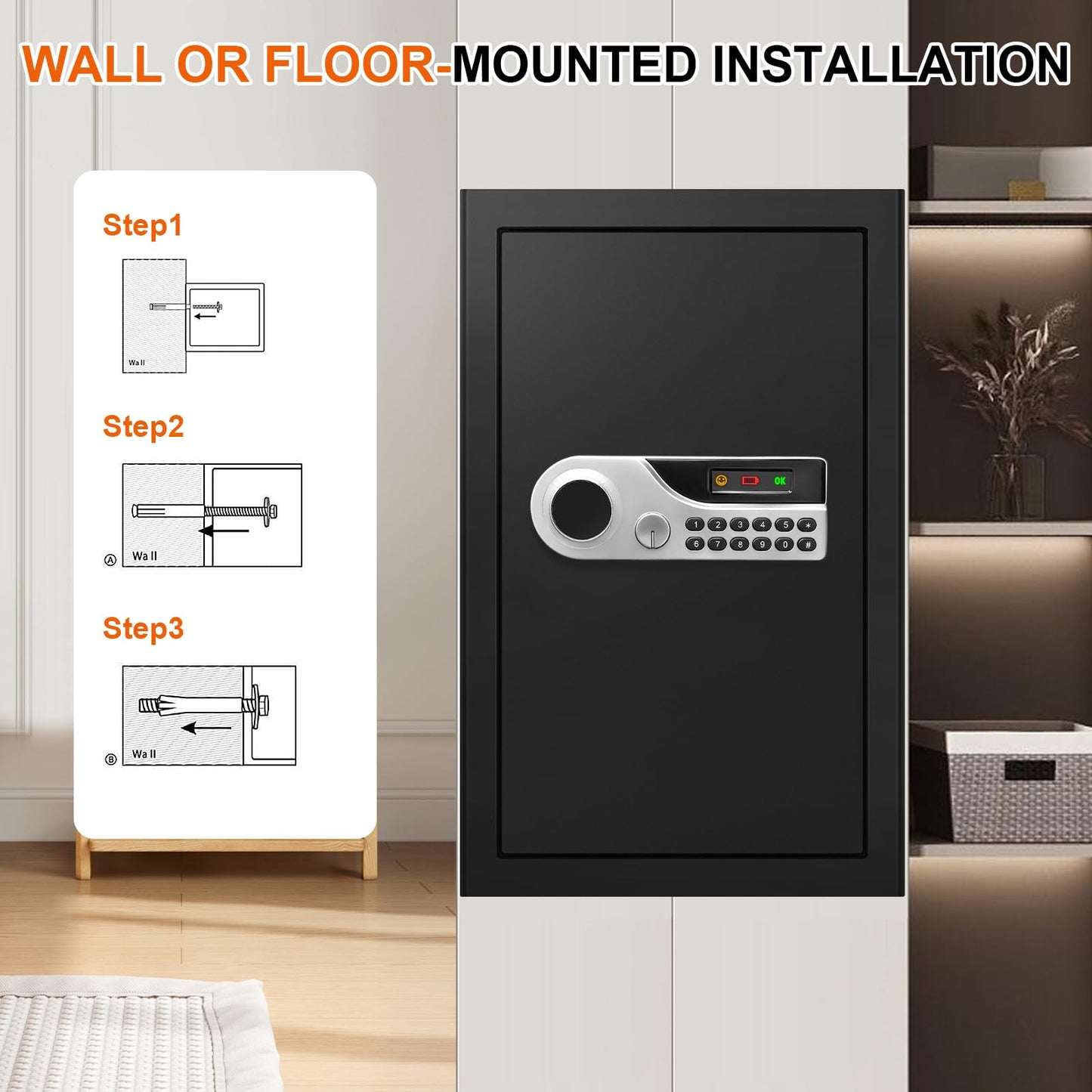 5.2 Cuft Large Fire Safes for Home, Security Safe Box Fireproof Waterproof with Digital Keypad, Key Lock and 3 Removable Shelves, Anti-Theft Fireproof Safe for Document Money Valuables