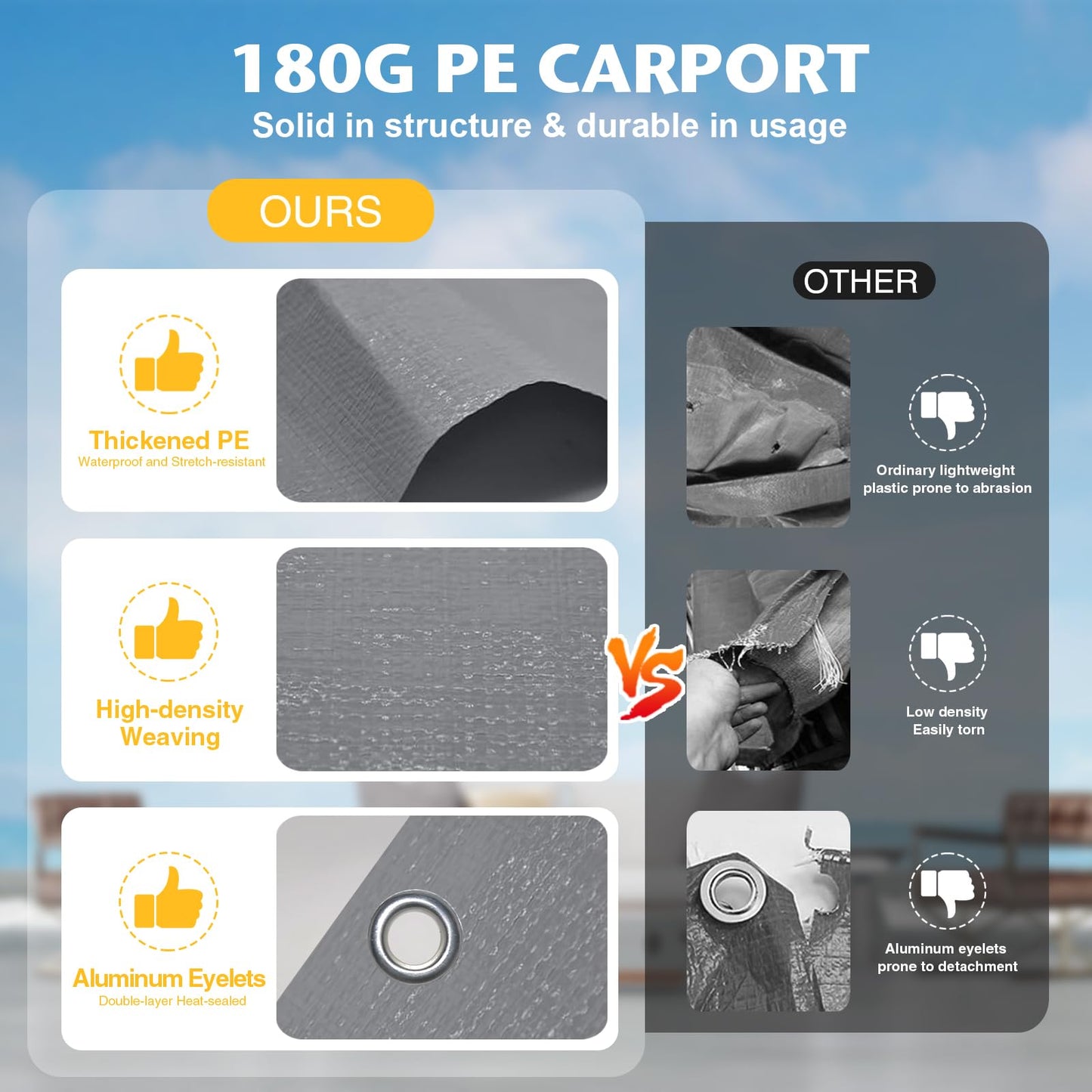 Carport Replacement Canopy Cover Sidewalls for 10x20x9.35FT Frame, Heavy Duty Garage Car Tent Shelter Tarp with Ball Bungees, Waterproof & UV Protected (Frame is not Included) (Grey)