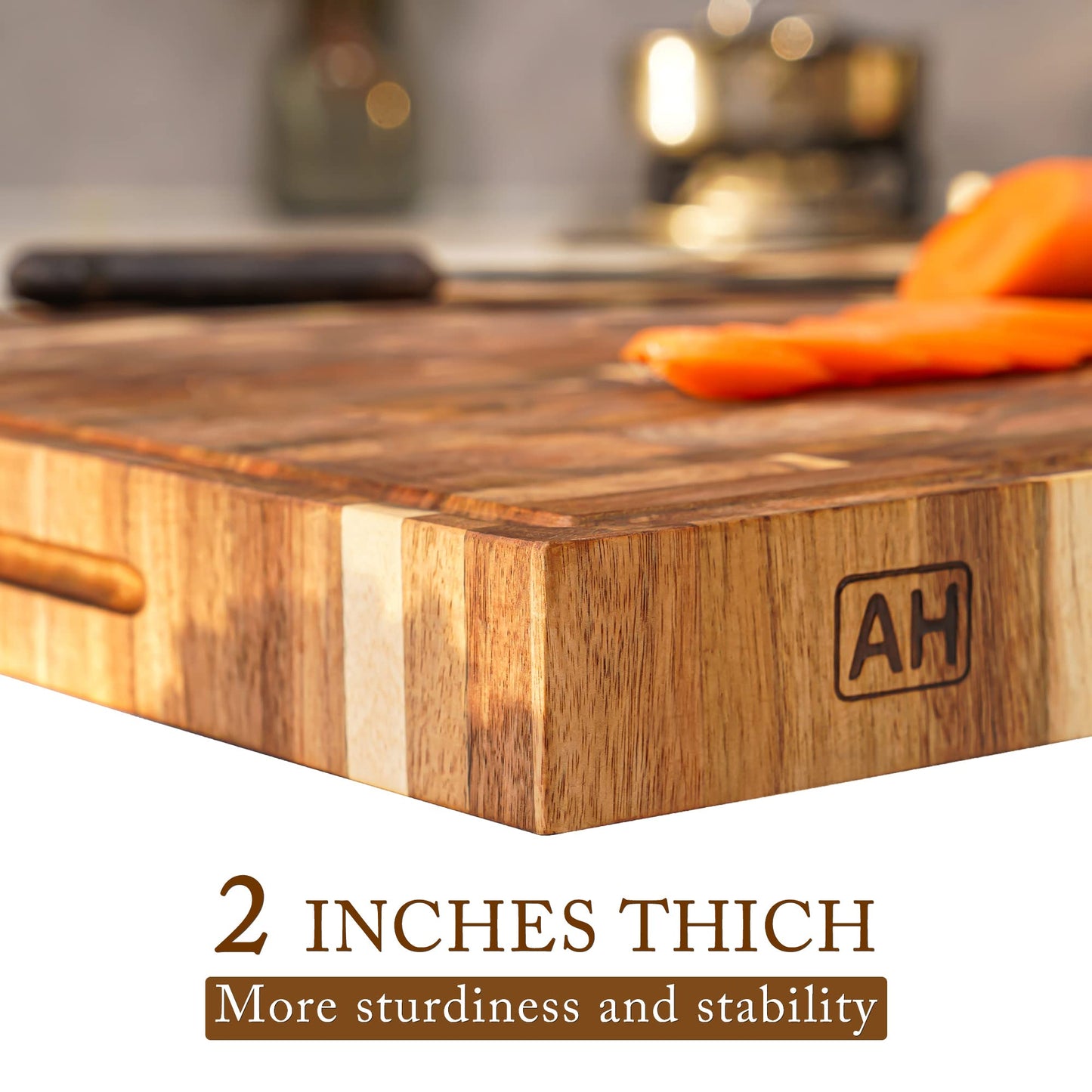 AZRHOM Thick End Grain Acacia Wood Cutting Board 24x18x2 In, Wooden Butcher Block, Chopping Board For Kitchen with Juice Groove Handles Non-Slip Pats (Gift Box)