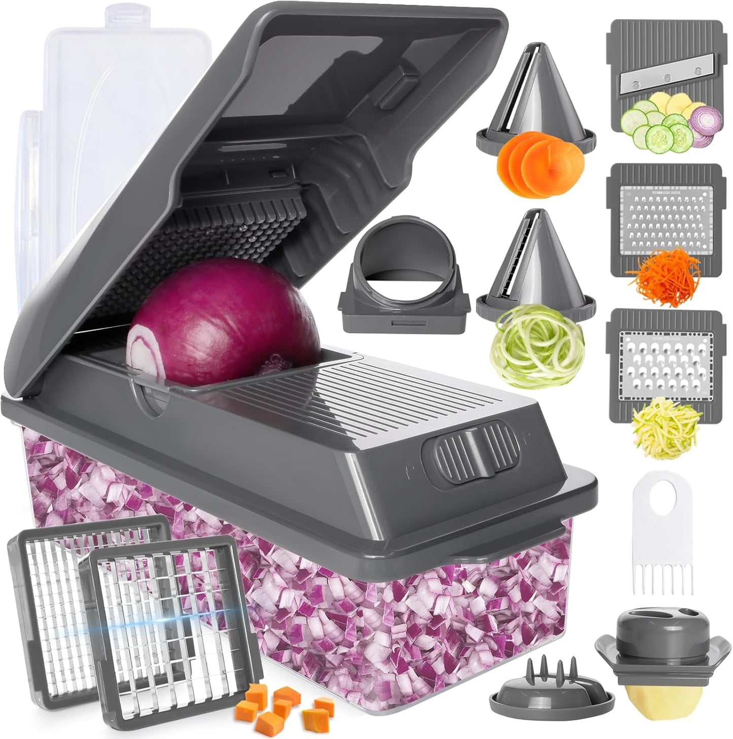 LHS Professional Vegetable Chopper - 11-in-1 Multifunctional Food Slicer with Storage Containers | Grey