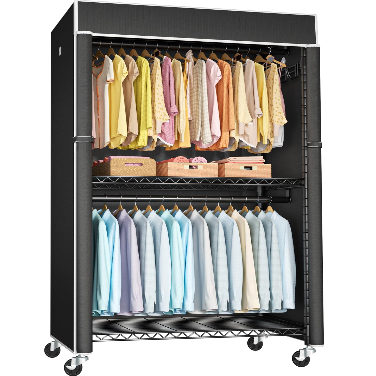 FUTASSI Black Clothing Rack with Black Cover, P1C Plus Rolling Closet with Wheels, Metal Garment Rack for Hanging Clothes, Clothing Storage Wardrobe, 46" W x 18.5" D x 80.7" H, Load 524 Pounds