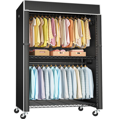 FUTASSI Black Clothing Rack with Black Cover, P1C Plus Rolling Closet with Wheels, Metal Garment Rack for Hanging Clothes, Clothing Storage Wardrobe, 46" W x 18.5" D x 80.7" H, Load 524 Pounds
