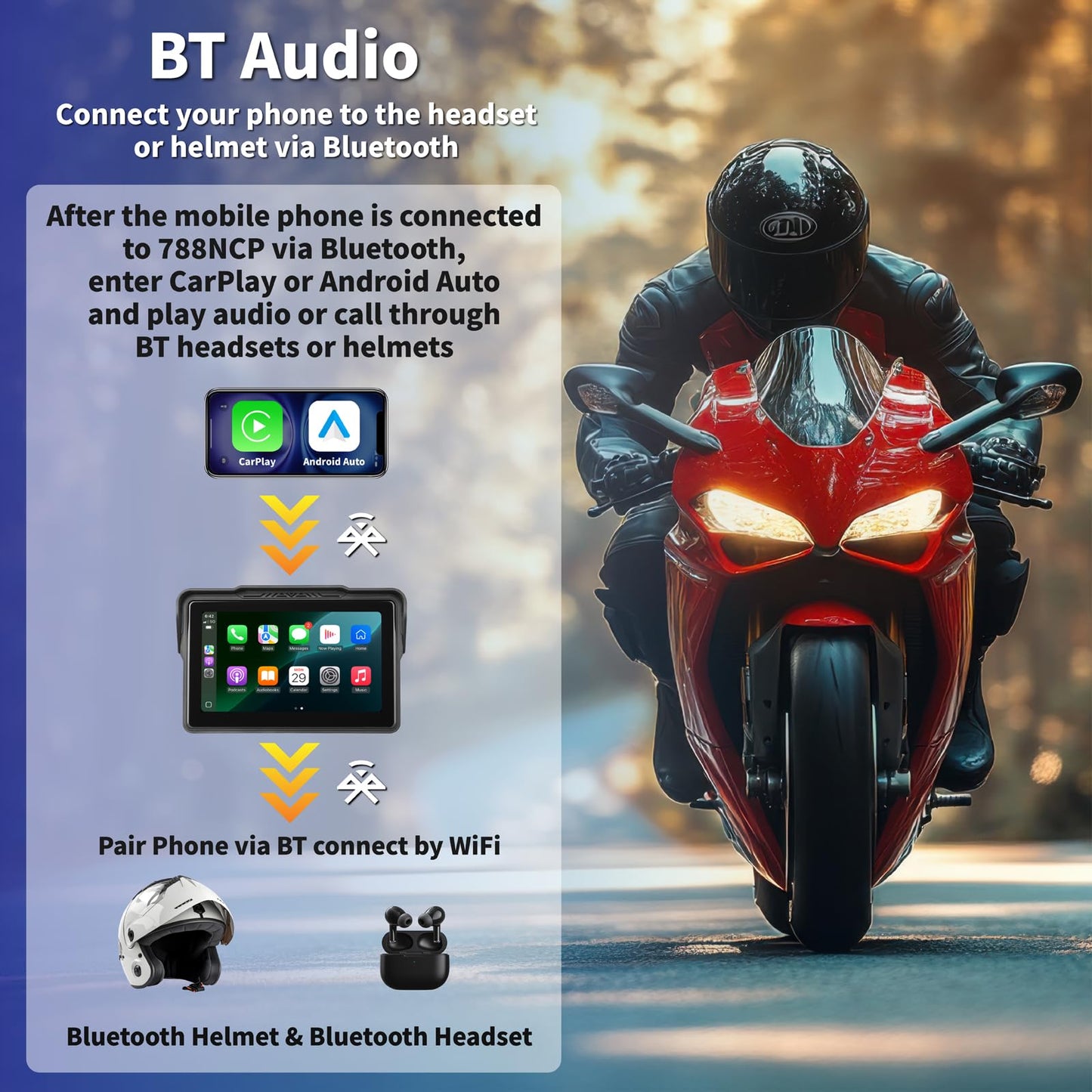 Motorcycle CarPlay Screen 7", Waterproof GPS Display for Motorbike, Wireless CarPlay & Android Auto para Moto, Dual Bluetooth, Touchscreen, Music Sharing Siri (7" Wireless CarPlay) (Dual Camera)