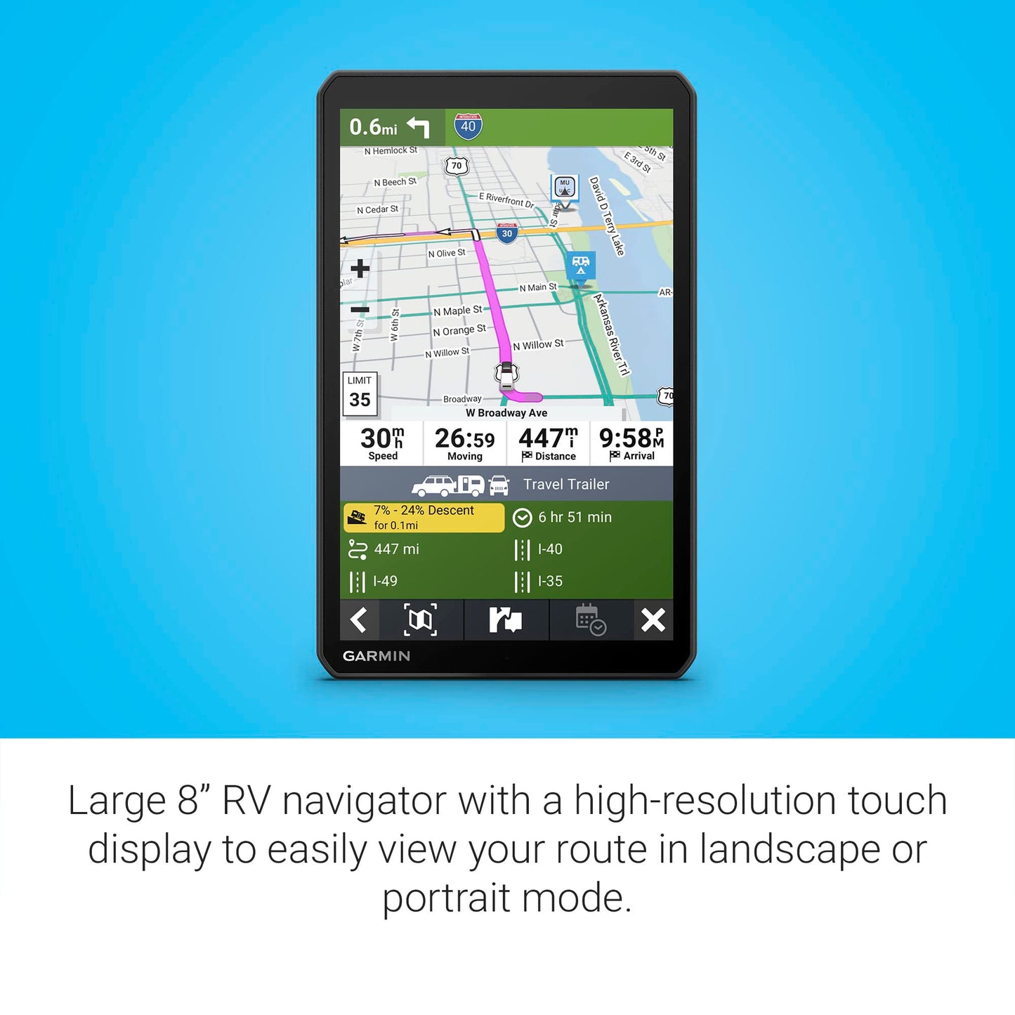 Garmin RV 895, 8" GPS Navigator, Custom Routing, High-Resolution Birdseye Satellite Imagery, Directory of Parks and Services, Landscape or Portrait View Display (Renewed)