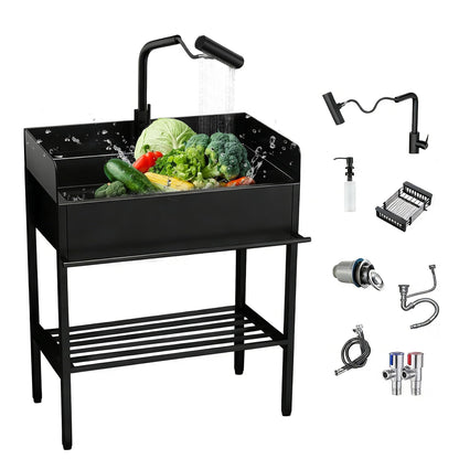 Fdzylyg Stainless Steel Utility Sink with 3-Sided Splash Guard,36" Freestanding Outdoor Sink with Pull-Down Sprayer & Storage,Commercial Single Bowl Laundry Sink for Garage,Backyard,Garden,Black
