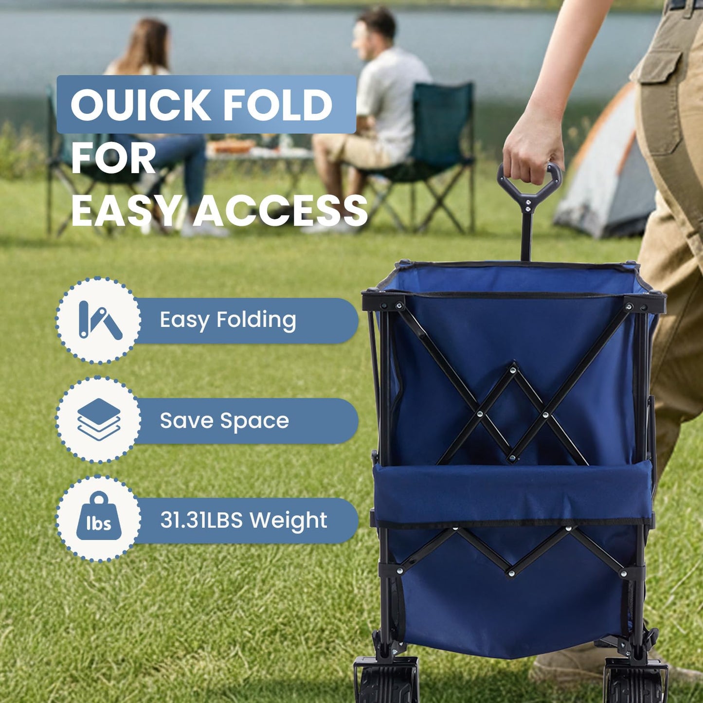 DUMOS 440LBS Heavy Duty Double Decker Wagon with 51IN Extender, 400L Large Capacity Collapsible Garden Cart, All-Terrain 7IN Wheels with Brakes, Foldable Utility Wagon for Shopping, Camping, Blue