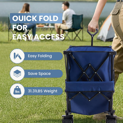 DUMOS 440LBS Heavy Duty Double Decker Wagon with 51IN Extender, 400L Large Capacity Collapsible Garden Cart, All-Terrain 7IN Wheels with Brakes, Foldable Utility Wagon for Shopping, Camping, Blue