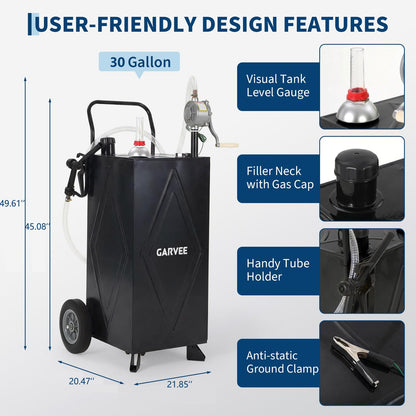 30 Gallon Fuel Gas Caddy Storage Tank, Portable Gas Caddy w/ Wheels, Reversible Manual Hand Pump & Fuel Hose, Anti-Static Grounding Clamp, Vent/Level Gauge, Wide Fill Neck, Gasoline/Diesel Transfer for ATV, Car, Mower, Tractor, Boat