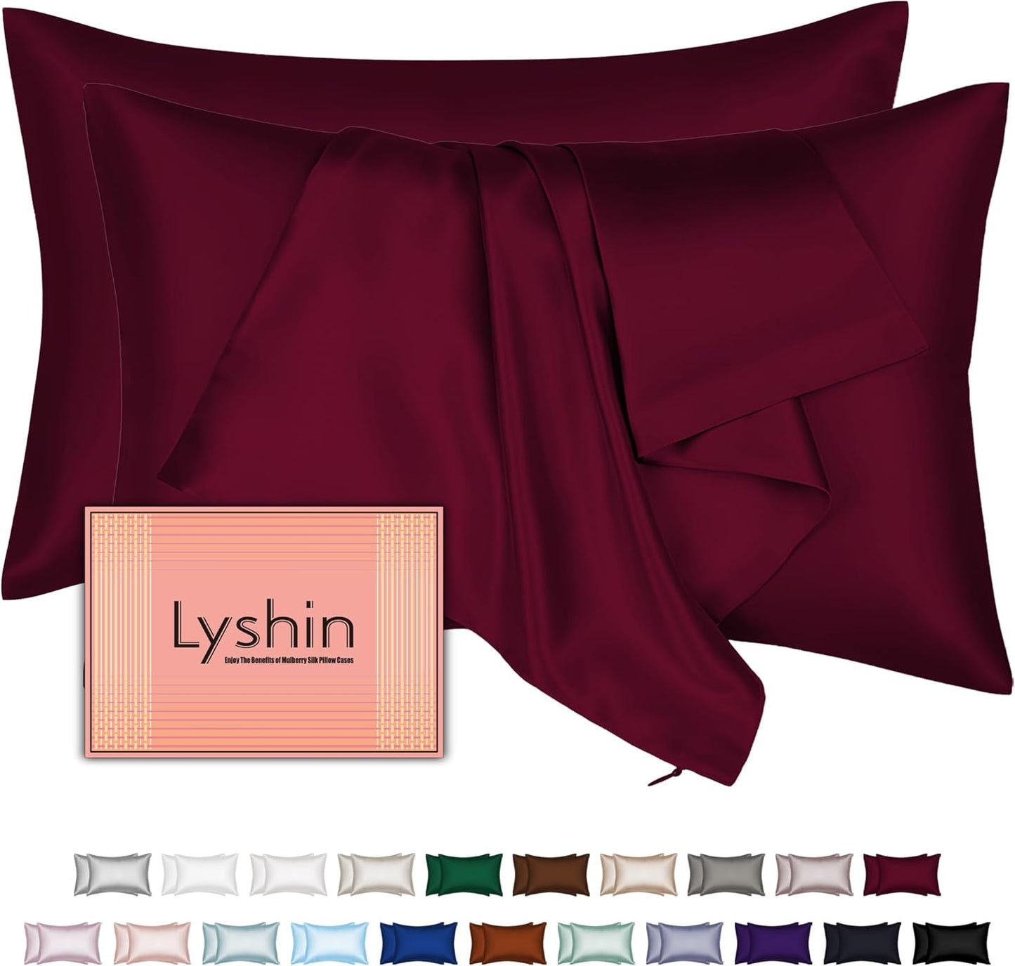 Skiennix Mulberry Silk Pillowcases - King Size Set of 2 | Hidden Zipper, Soft & Breathable, Burgundy Red