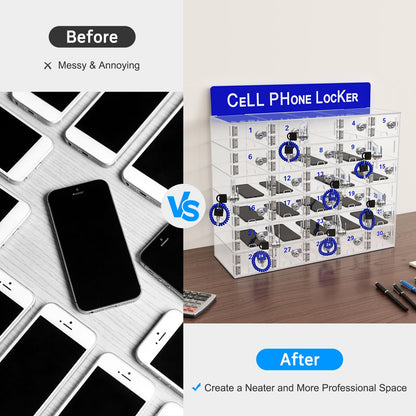 Lemoeyes Acrylic Cell Phone Locker Box, 30 Slots Clear Cell Phones Storage Cabinet with Door Lock Keys and Charging Slot, Tabletop/Wall-Mounted Pocket Locker for Office Classroom Conference Room