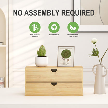 Wisuce Desk Organizer with Drawers - Bamboo Desktop Organizer Storage Natural Wood Desk Drawers Organizer for Bills, Office Supplies, Cosmetics, Seals No Assembly Required 3 Drawers（left-right)
