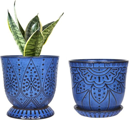 Gepege 6-Inch Beaded Ceramic Planter Set of 2 - Drainage Hole & Saucer for Indoor/Outdoor Use | Blue
