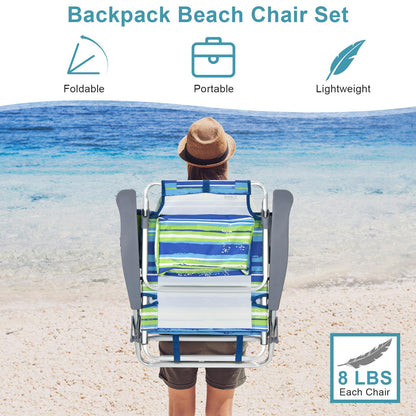 GYMAX Beach Chairs, Backpack Camping Chair with Armrest, Cooler Bag, Cup Holder, Towel Bar & Side Pockets, Sunbath Sling Tanning Lounge, Folding Layout Chair (with Table, Blue Stripe)