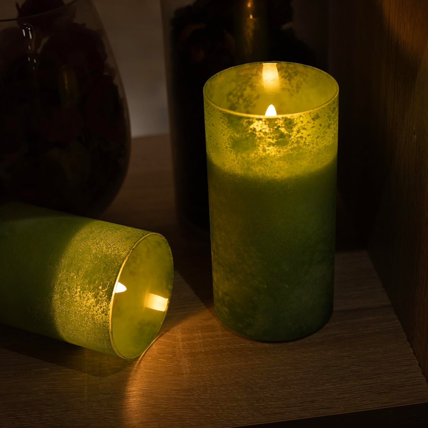 COVEGE Green Battery Operated Candles with Remote and Timer, Real Wax Flickering Flameless Candles, Glass LED Pillar Candles for Party Wedding Halloween Christmas Decoration
